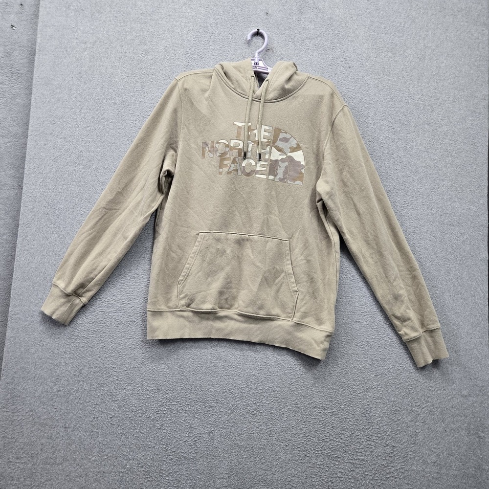 The North Face Men Hoodie M Beige Camo Logo Graphic Print Fleece Pocket Pullover